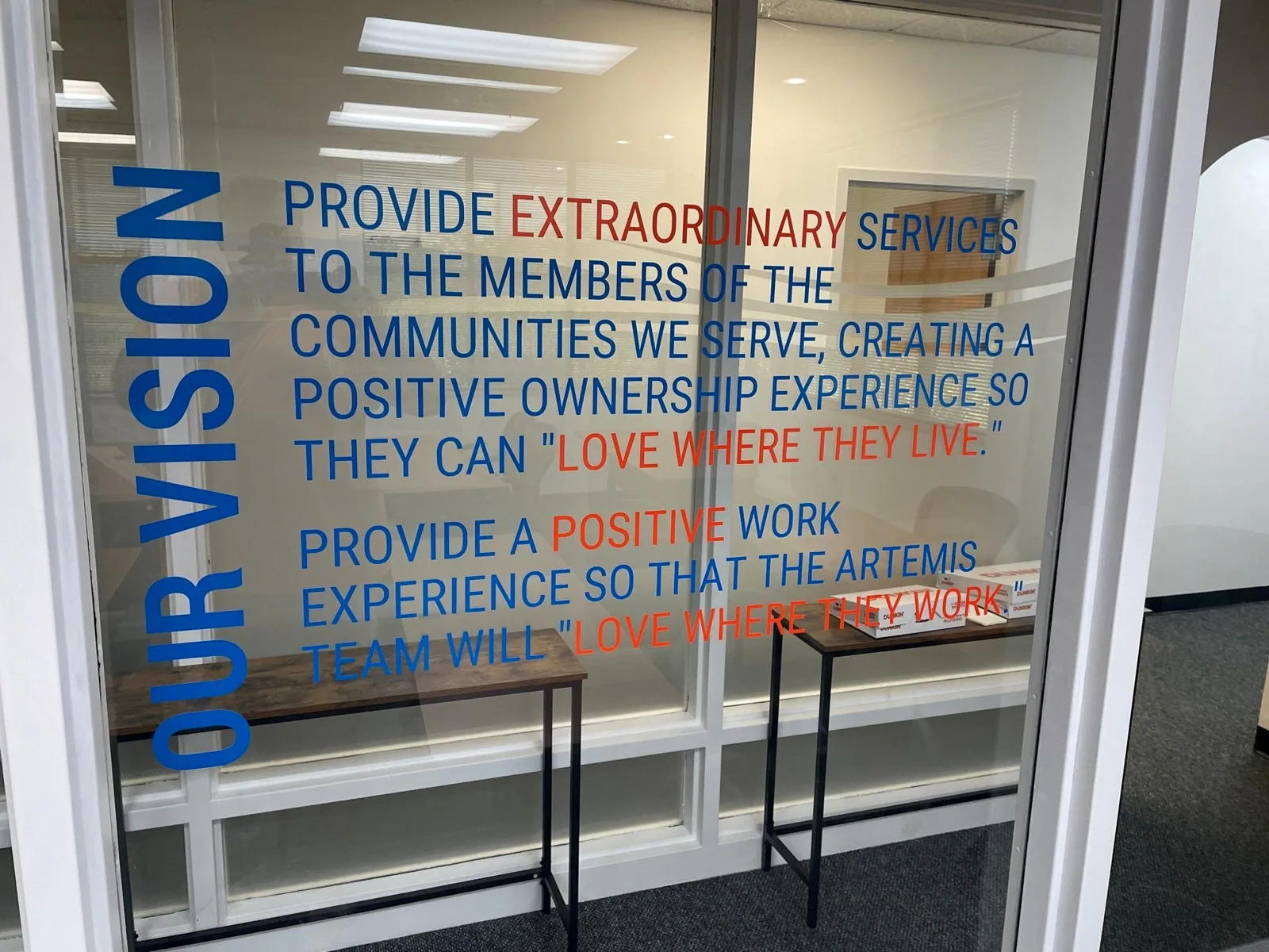 Our Vision window lettering on interior glass, from the GSI Google Business Profile