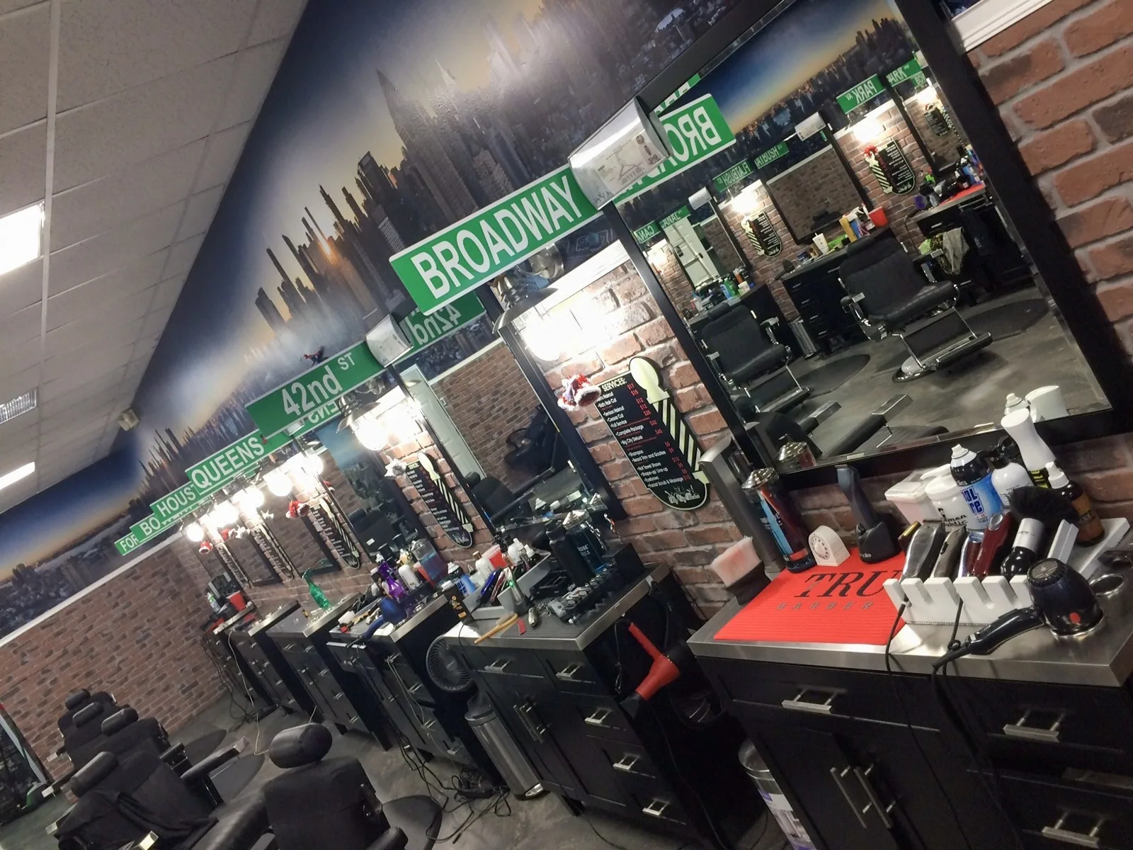 Big City Barbers — Street-name style signs hanging above barber stations, Big City Barbers project