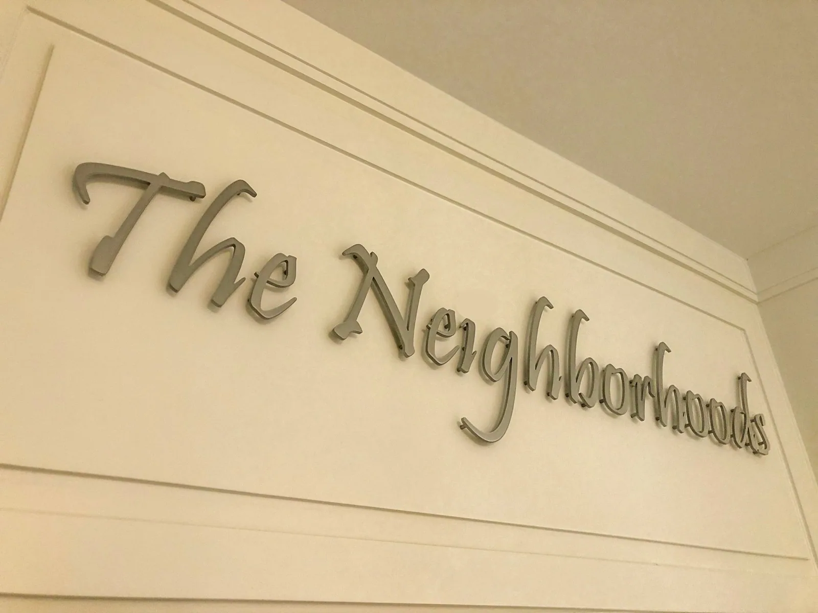 Windsor at Celebration — The Neighborhoods script dimensional letters on an interior wall, Windsor at Celebration project