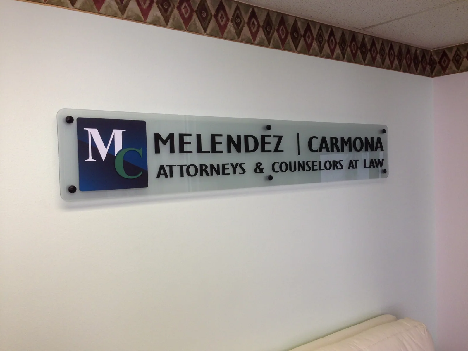 Melendez Carmona Attorneys & Counselors at Law acrylic wall sign with standoffs