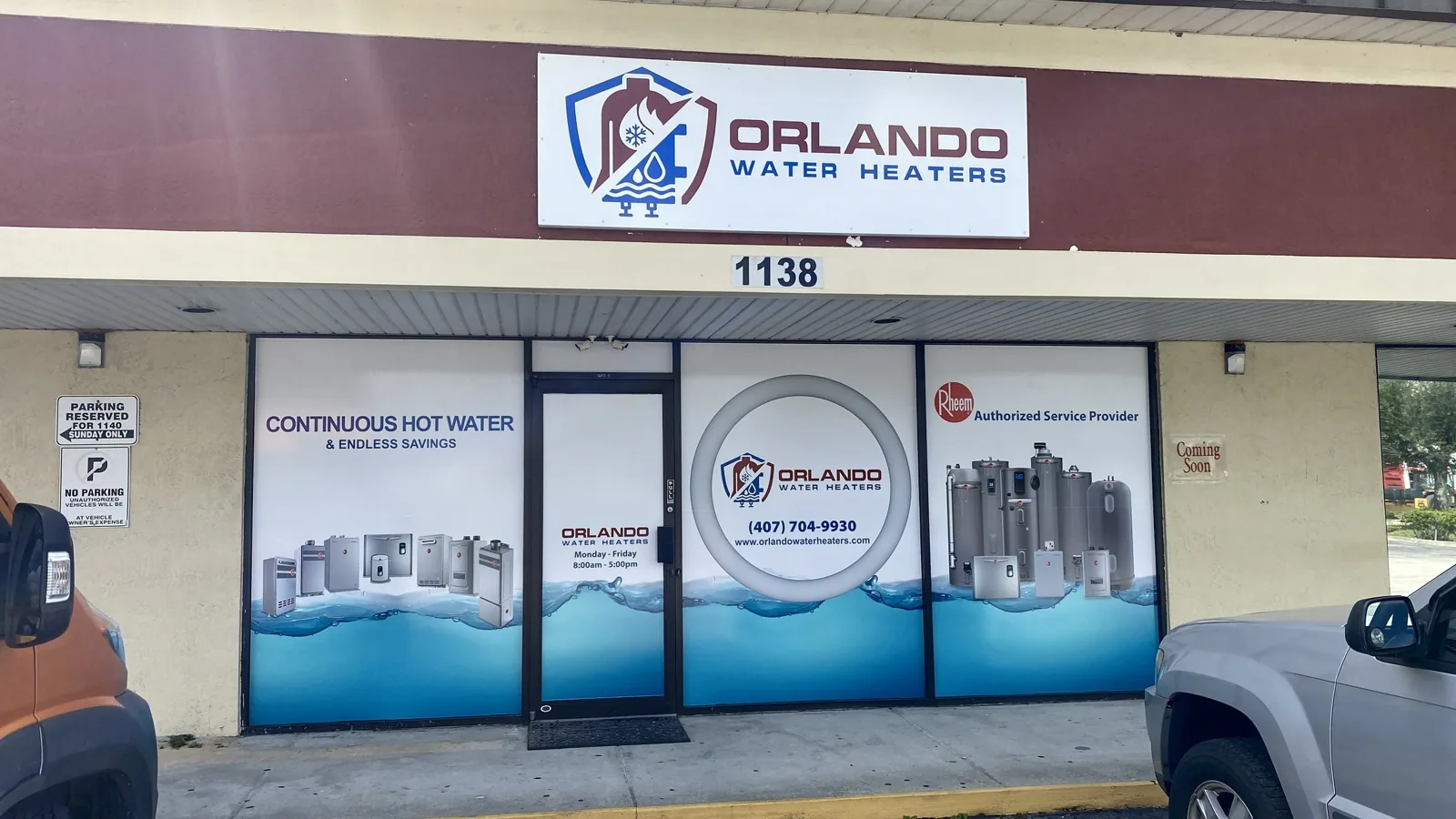 Orlando Water Heaters storefront with full-coverage printed window graphics